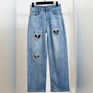 Light Blue Bedazzled Jeans With Crystal Heart Cut-outs